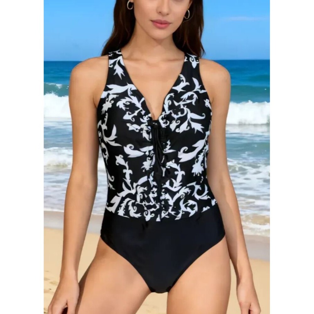 Womens XL D Navy Blue White Floral One Piece Swimsuit No Underwire Padded Ruched